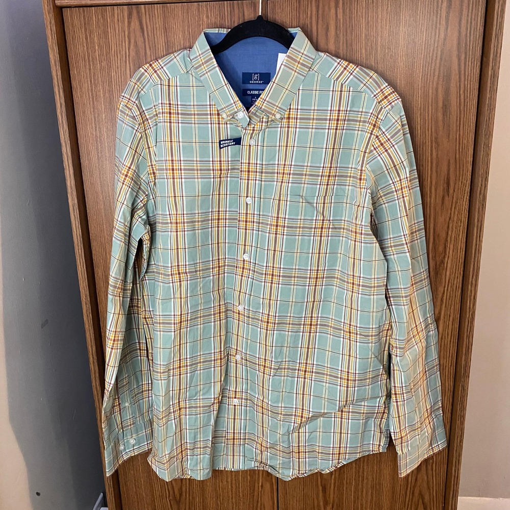 George Button Down Shirt Mens L Green Plaid Wrinkle Resistant Classic Fit